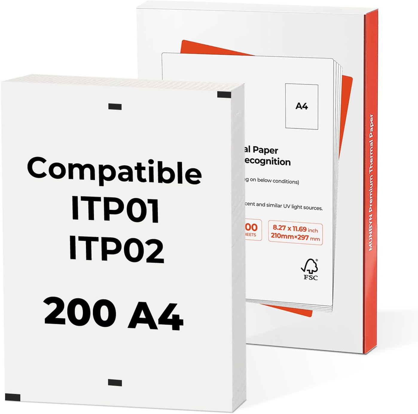 MUNBYN 200 Sheets Thermal Printer Paper A4 210 X 297Mm, Compatible with ITP01/ITP02 Portable Thermal Printer, Continual Feeding Paper image number 1