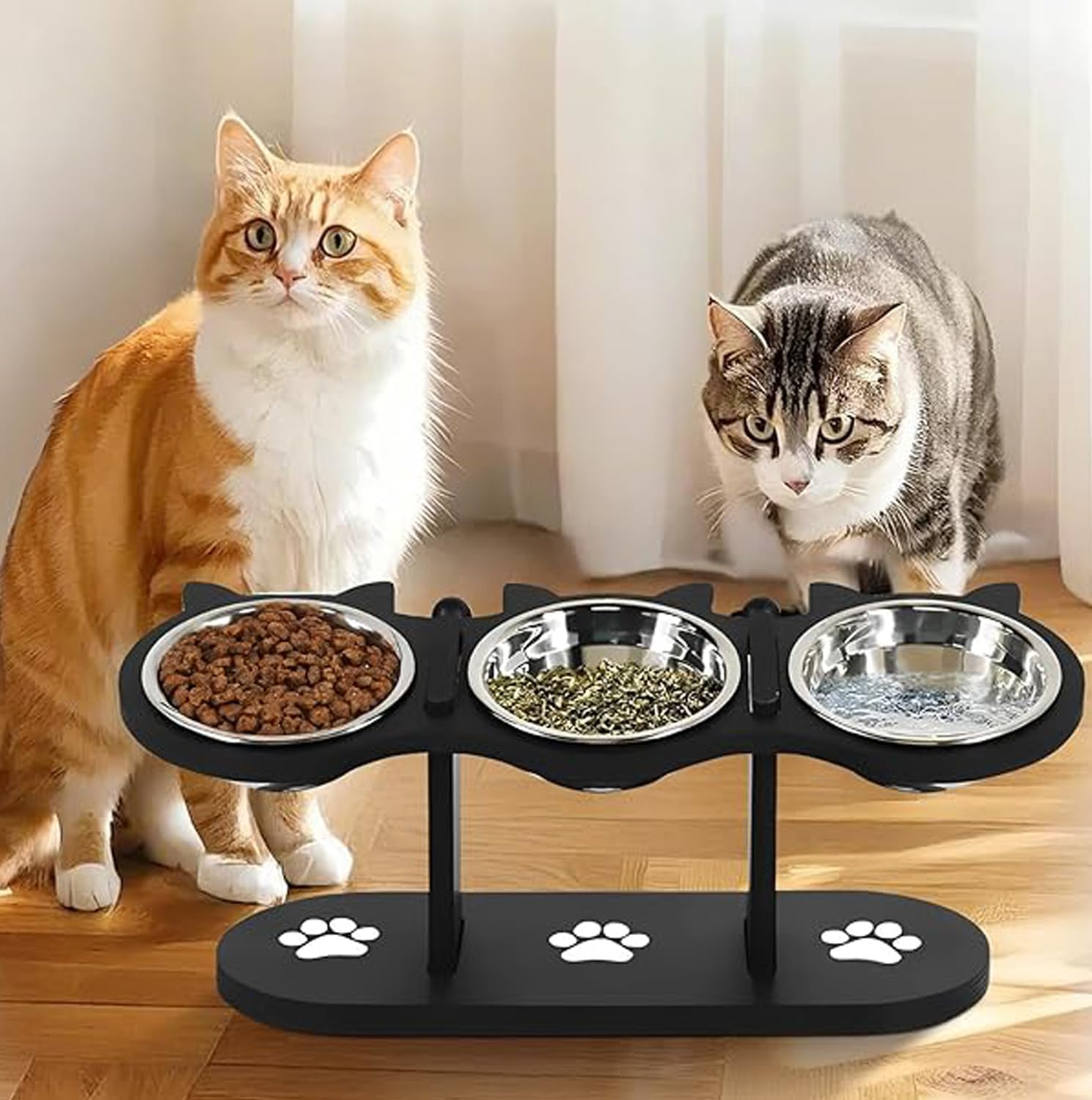 Elevated Cat Bowls - 3 Stainless Steel Elevated Cat Food Dishes with Stand 15&deg; Swivel and a Placemat (Wood) image number 1