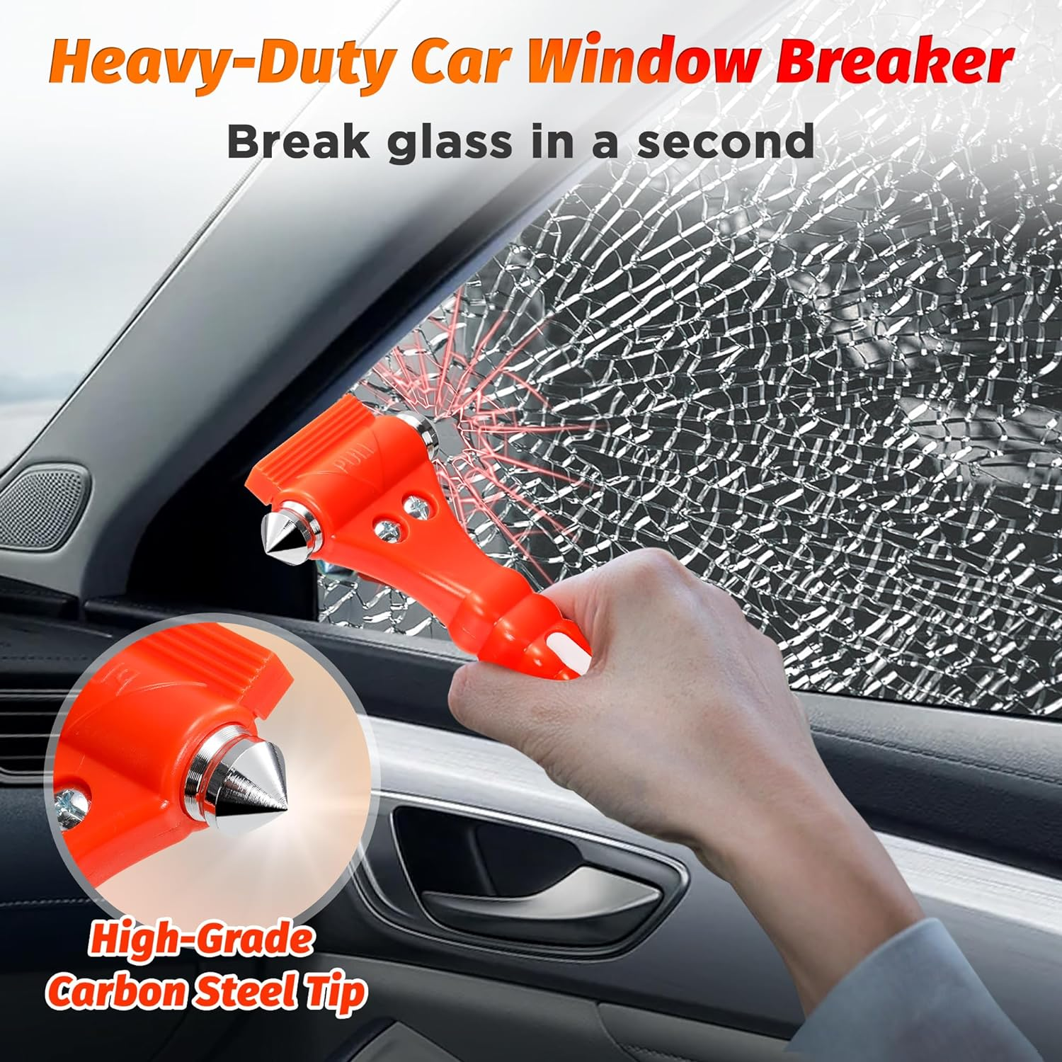 2 PCS High Carbon Steel Hard IPOW Car Safety Hammer Escape Tool with Antiskid Seatbelt Cutter, Life-Saving Emergency Glass/Window Punch Breaker Auto Rescue Disaster Hammer image number 6