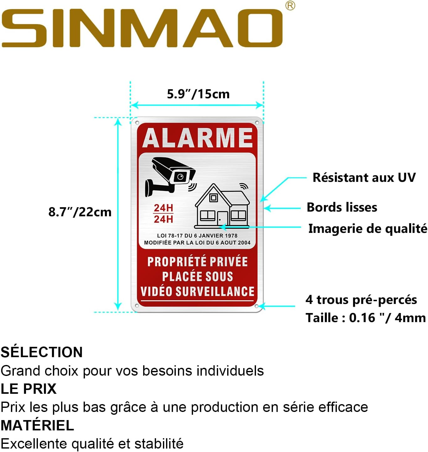 SINMAO Private Property Alarm Sign Placed under Video Surveillance - Camera Surveillance Sticker/Home Alarm Plate/Home Security/Video Surveillance. image number 6