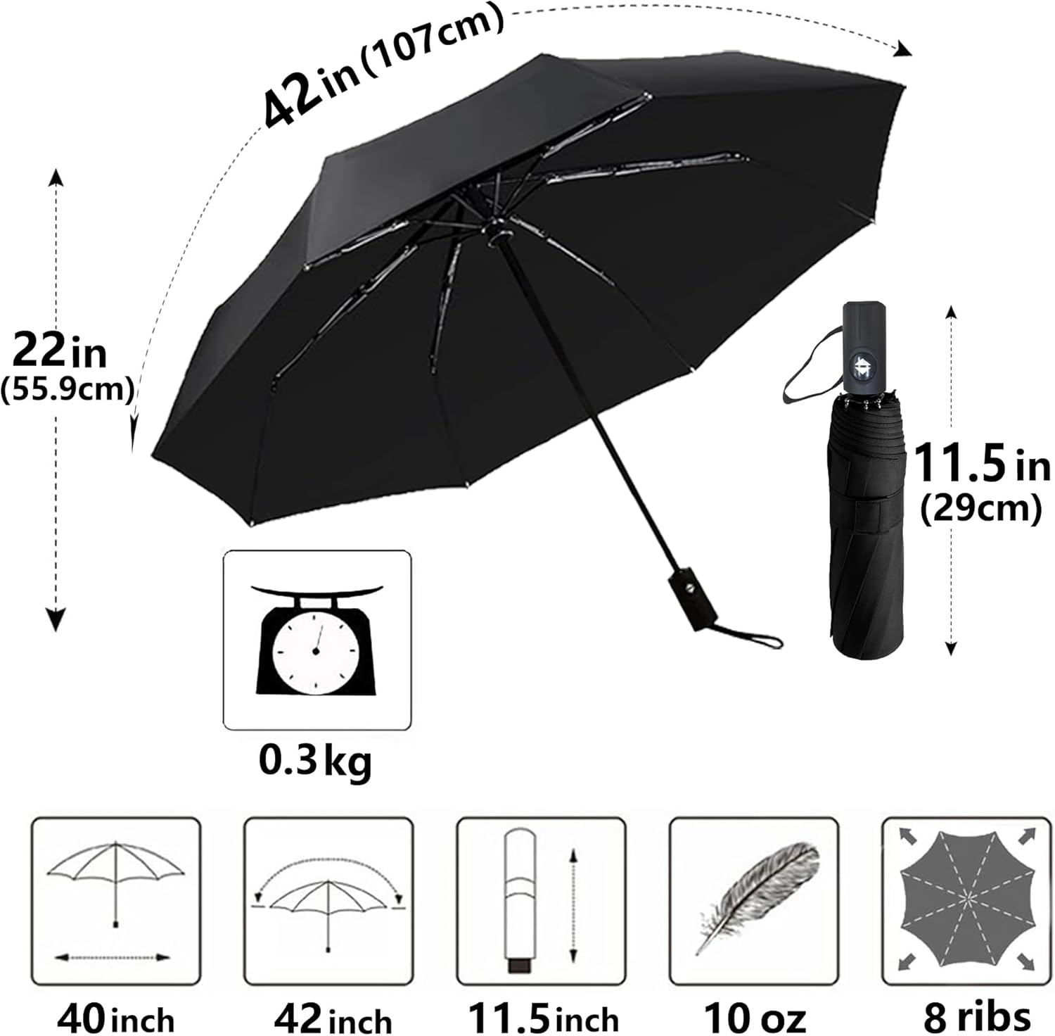 Windproof Travel Umbrella Sturdy Fiberglass Frame Compact Umbrella Auto Open Close Portable UV Protection Umbrella for Travel Something for Everyone - Black image number 2