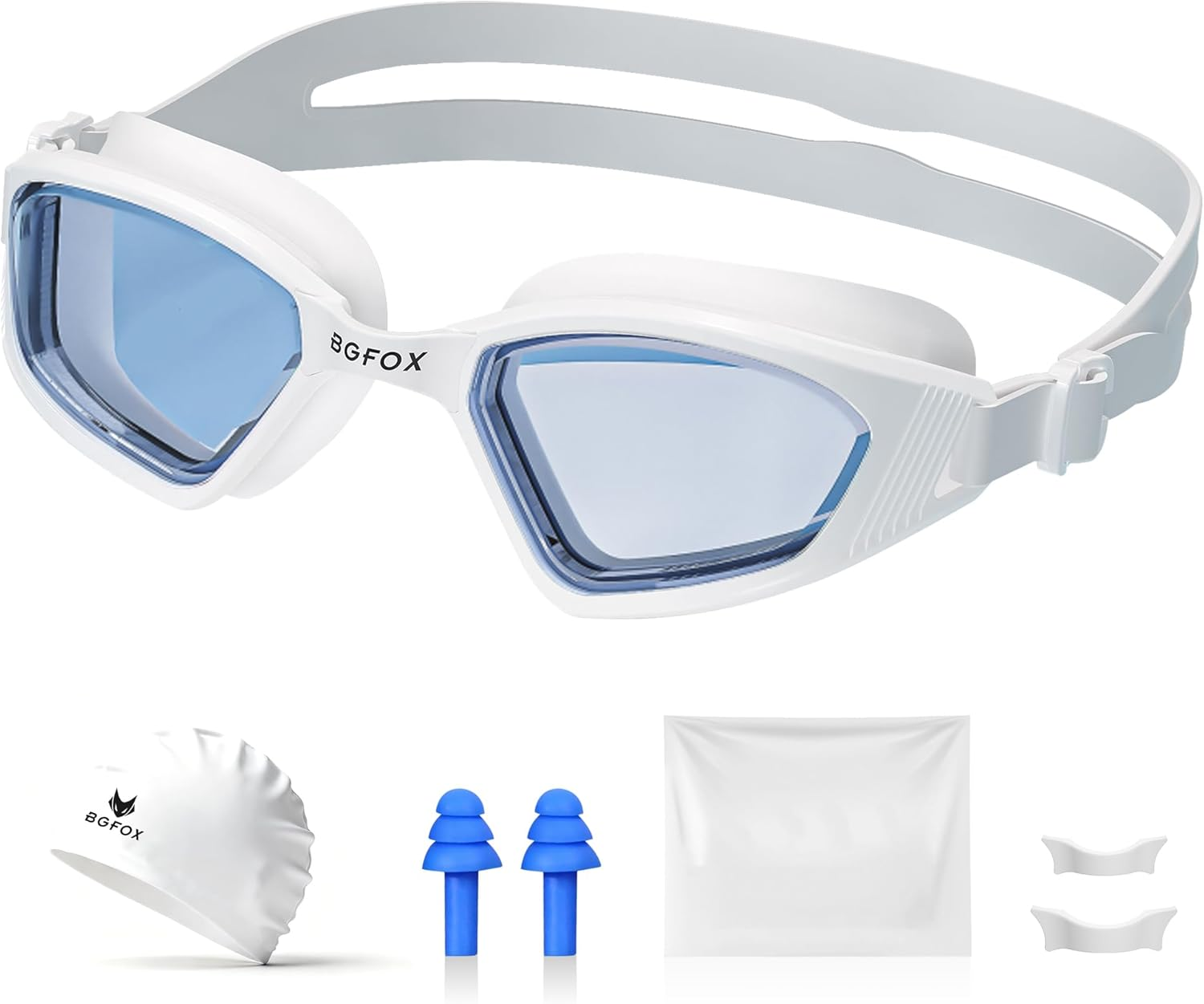 BGFOX Swimming Goggles for Adults Men & Women - 8 in 1 Set with Anti-Fog, UV Protection, Leakproof Fit,Includes Case, Nose Bridges, Cap & Accessories for Training & Lap Swimming