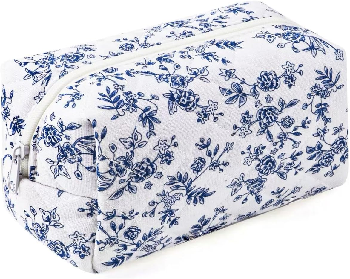 Floral Quilted Makeup Bag - Cosmetic and Skincare Product Pouch, Fashionable Travel Puffy Coquette Makeup Bag, Small Cute Attractive Blue