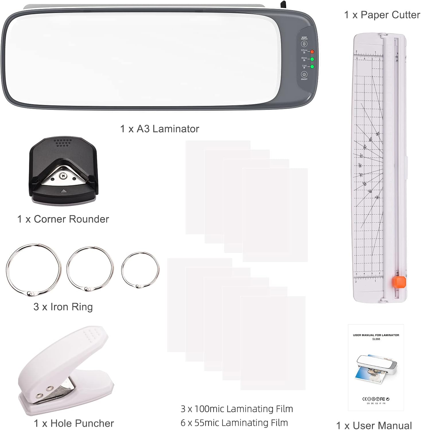 Morelian Desktop Laminator Machine Set A3 Size Multifunctional Hot and Cold Lamination 2 Roller System 12.5 Inches Max Width with Paper Cutter Trimmer Rounder Hole Puncher Binding Hoop Suitable For image number 6