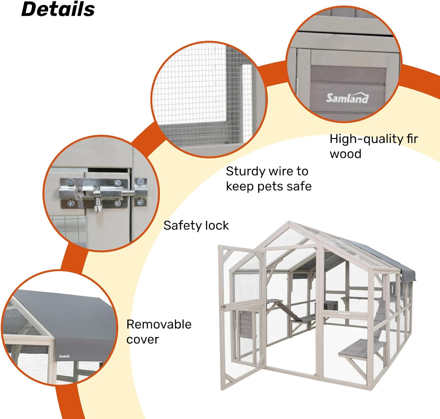 Samland Large Outdoor Wooden Cat Enclosure Catio, Large Cat House and Playpen with Platforms, Ramps, Weatherproof Roof, Walk-In Door and Side Access for Multiple Cats image number 5