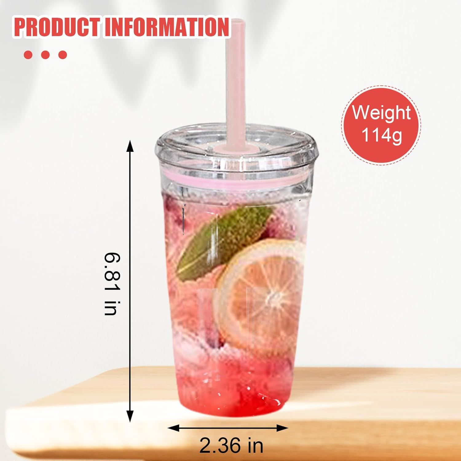 Clear Plastic Cold Cup, Acrylic Tumbler with Lid and Straw,16Oz Premium Insulated Iced Coffee Cups(Pink) image number 2
