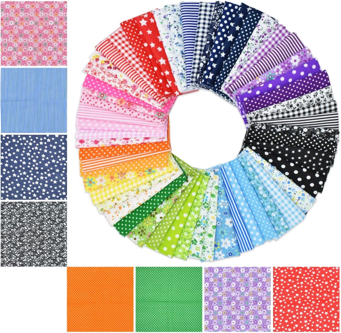 9.8X 9.8 Cotton Print Fabric Bundle Squares Pre-Cut Multicolor Design Printed Quilting Sewing Floral for Quilting Patchwork DIY Craft Scrapbooking Cloth (Red/Yellow/Green/Blue/Pink/Purple/Black/Navy) image number 1