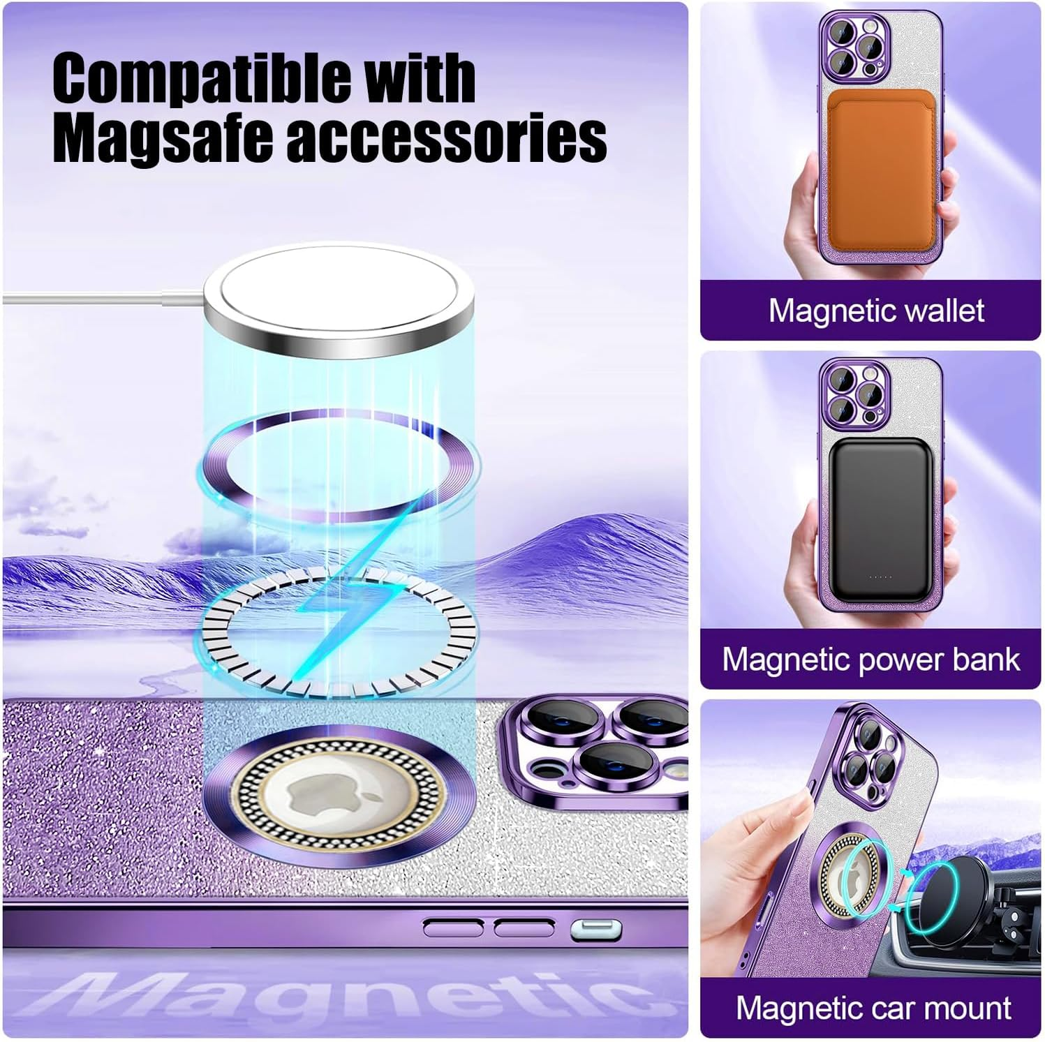 Case for Iphone 15 Pro, Compatible with Magsafe, with Camera Protection, Glitter Silicone Mobile Phone Case Compatible with Iphone 15 Pro, Shockproof, Scratch-Resistant, Cute Phone Case for Women And image number 5