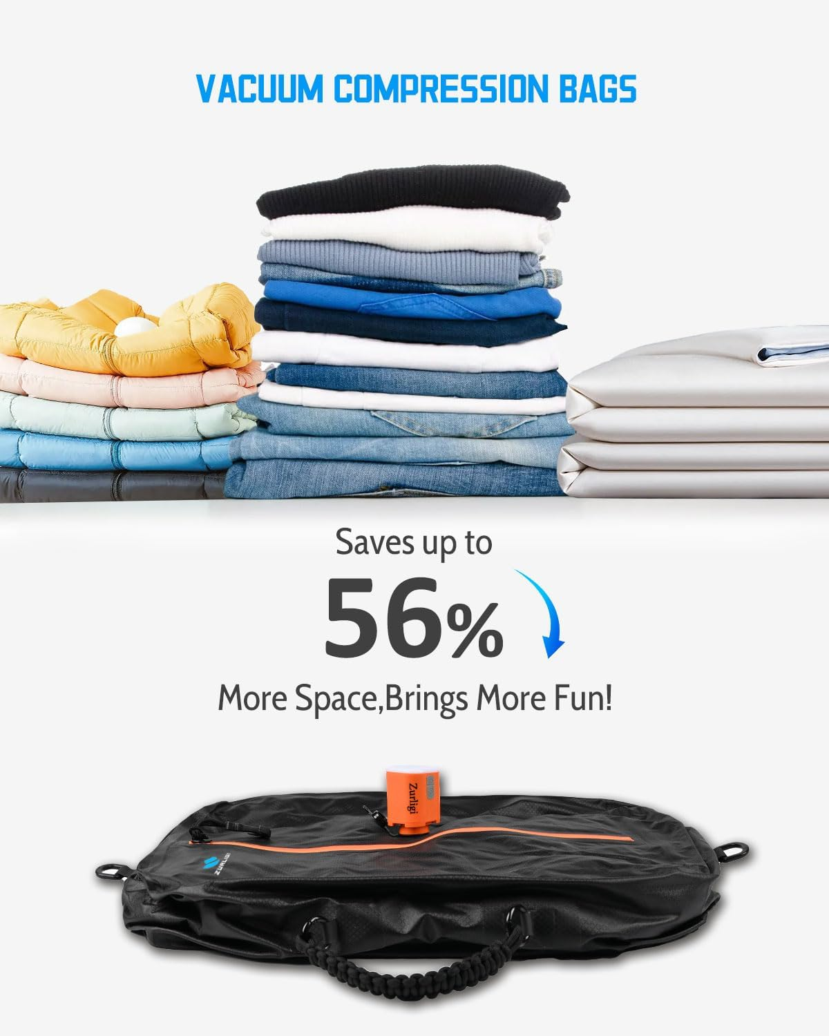 Zurligi Vacuum Bag for Travel with Pump, 40L Vacuum Compression Bag with Removable Handle, IP67 Reusable Vacuum Packing Cubes for Luggage, Backpack, Suitcase, Yoga, Swim, Beach (2PCS Black) image number 5