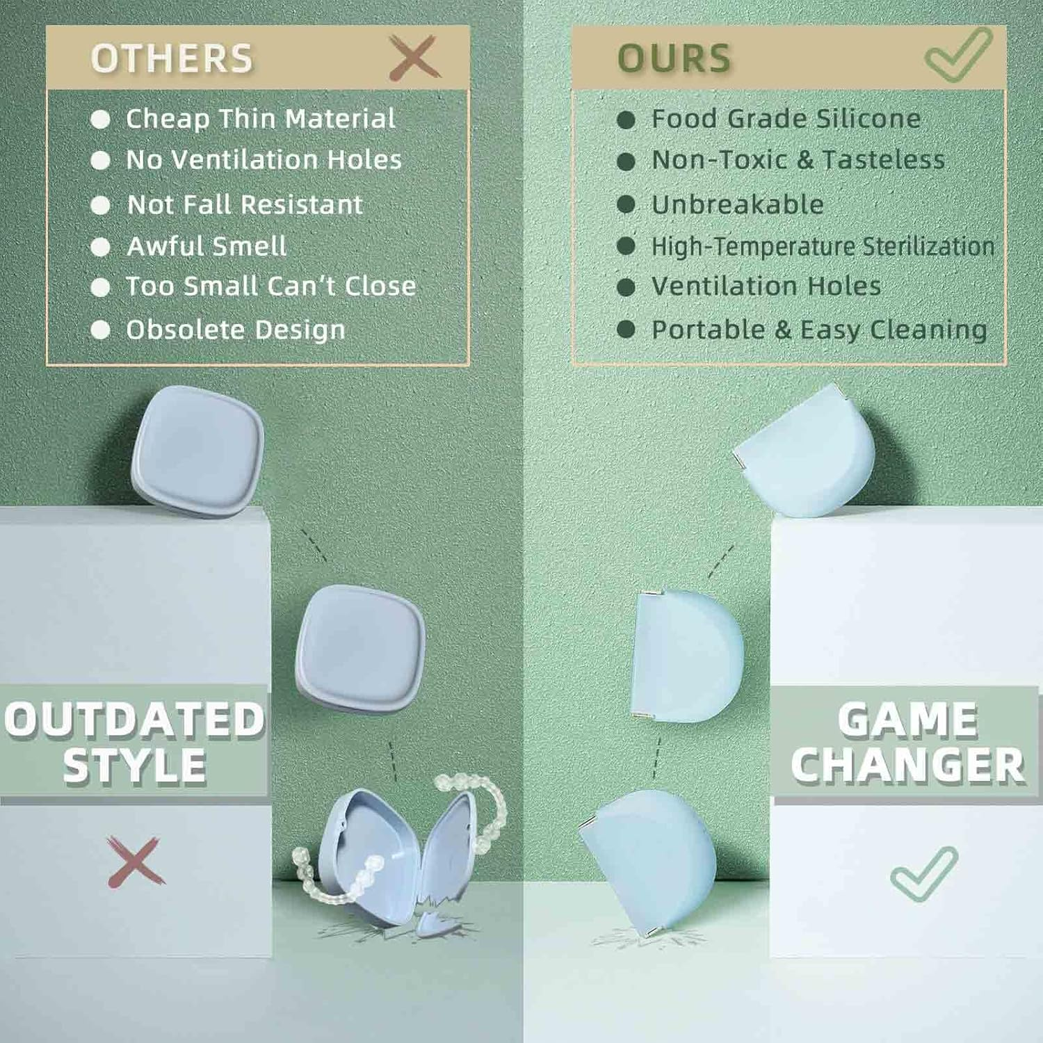 Cute Retainer Case with Vent Holes Food Grade Silicone Retainer Cleaner Case Dental Retainer Holder Case with Lanyard Slim Cool Thin Container Braces Case for Girls Women Kids Boys Men Portable Travel Denture Mouth Guard Aligner Case(Light Blue) image number 2