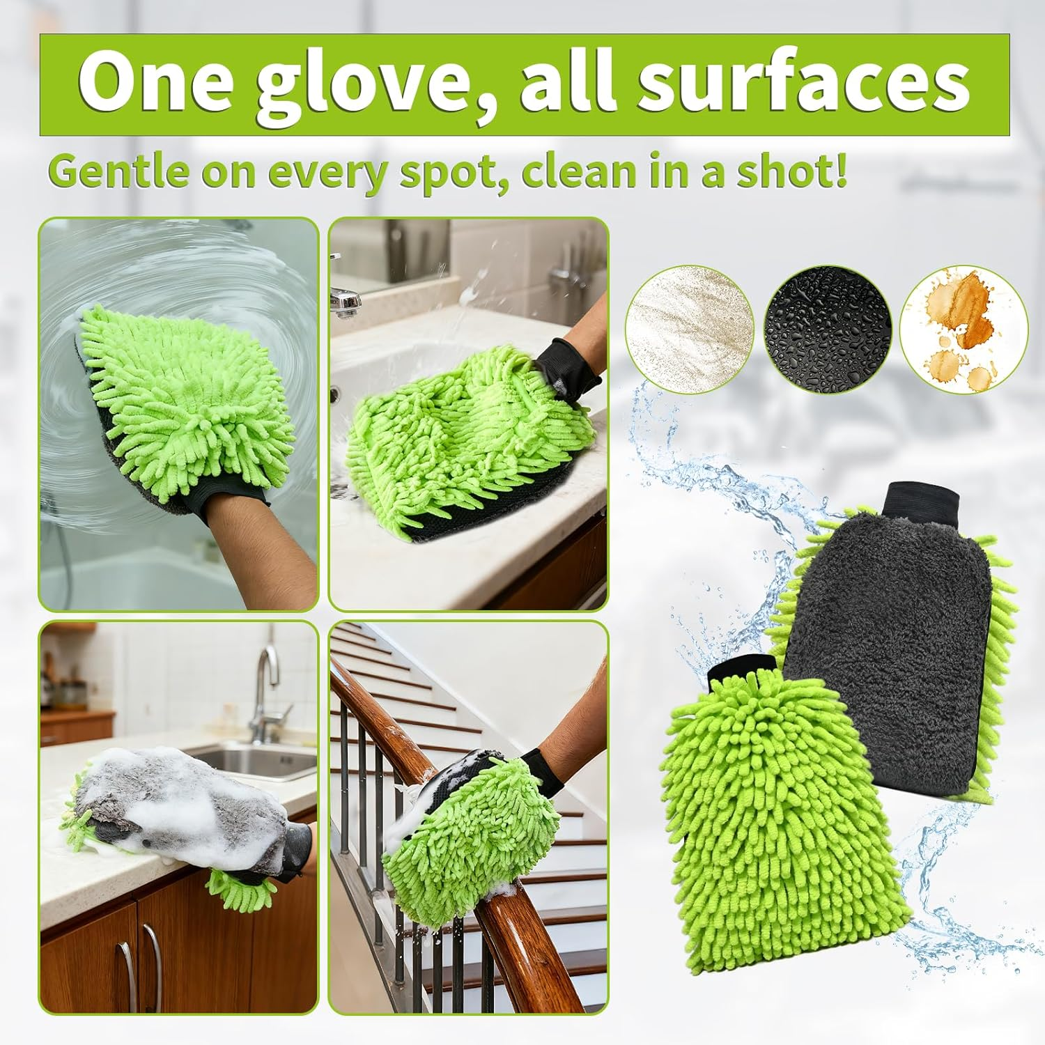 DU Life Car Wash Mitt, 2PCS Microfibre Noodle Car Washing Mitts, Efficient 3In1 Car Cleaning Mitt, Car Wash Mitt Gloves with Elastic Wrist Cuffs for Whole Car Washing - Green image number 2