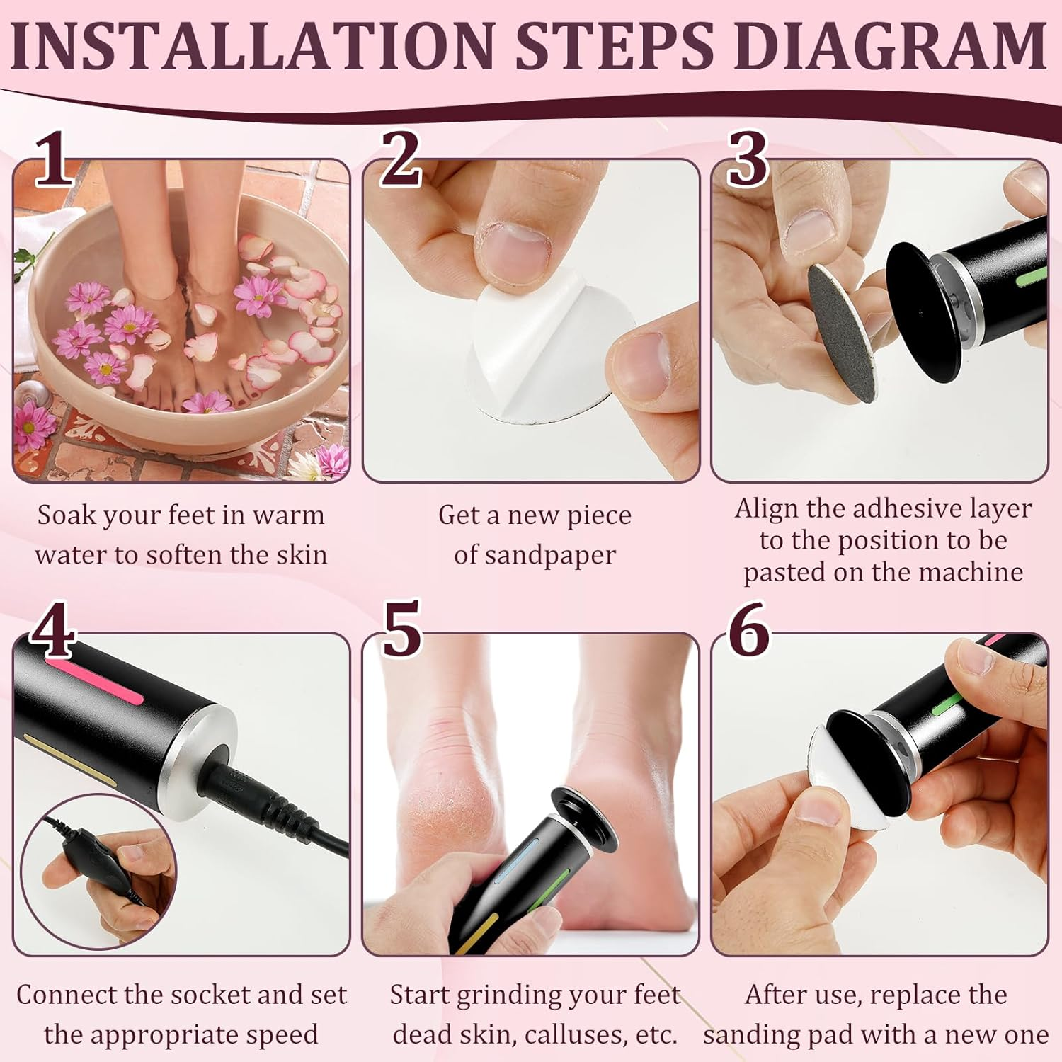 Electric Foot Callus Remover with 60 Pcs Sanding Discs,Professional Electric Foot File Callus Remover,Adjustable Speed,Professional Pedi Feet Care Perfect for Dead,Hard Cracked Dry Skin (Black) - Black image number 3