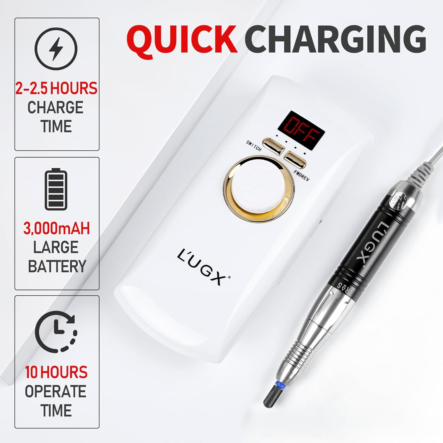 L'UGX Professional Nail Drill Machine Rechargeable with Coreless Motor, Portable Electric Nail File Wireless 30000 RPM Cordless Nail Drill for Acrylic Nails with 8 Nail Drill Bits for Manicure image number 1