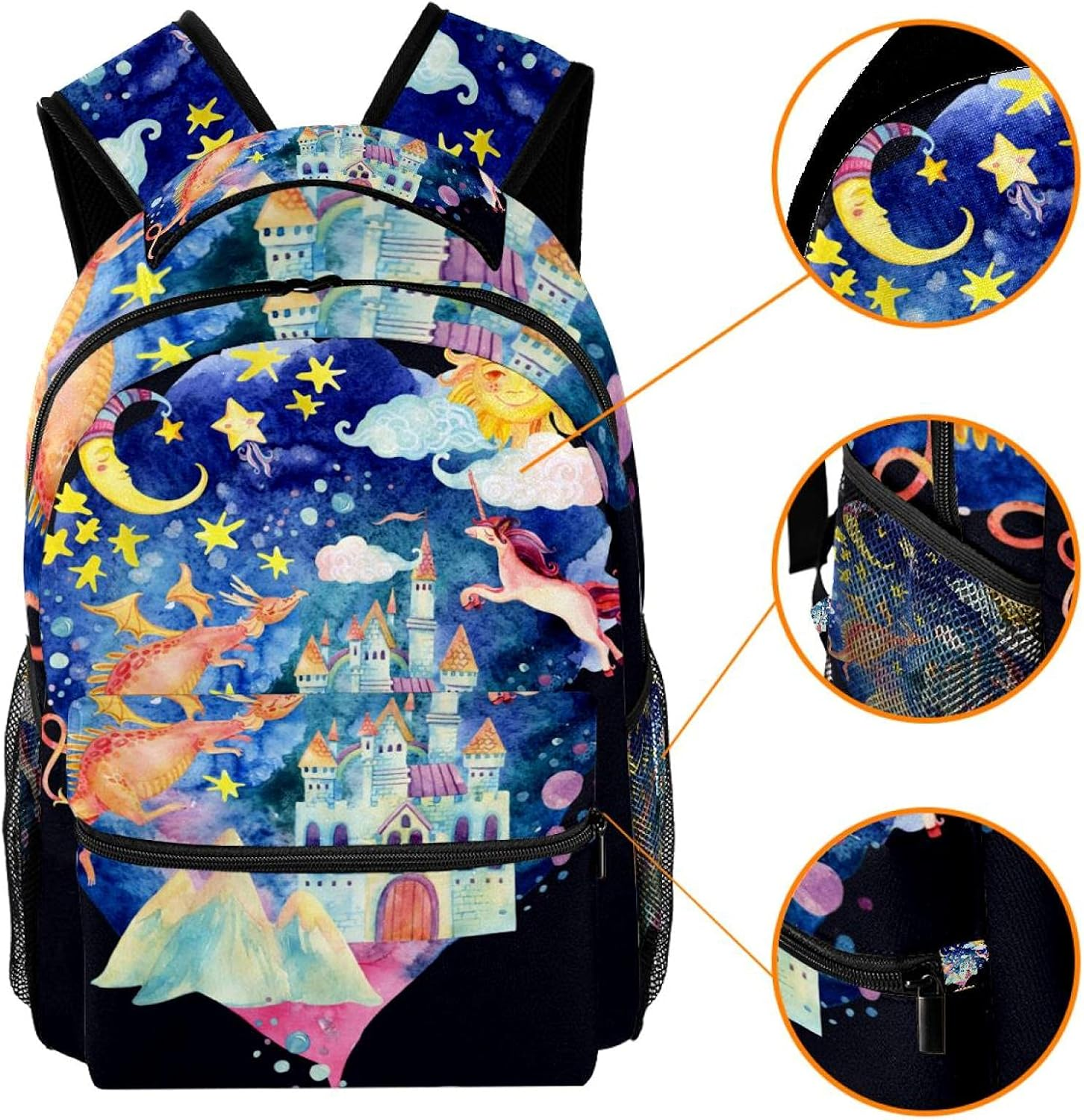 Starry Sky Moon and Sun Magic Castle Flying Dragon and Unicorn Backpack Students Shoulder Bags Travel Bag College School Tote Backpacks image number 4