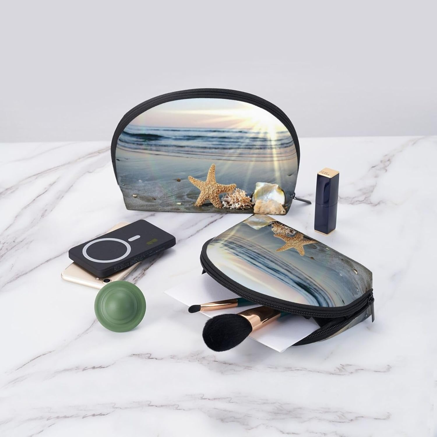 Coin Pouch Makeup Bags Set, 2 Piece Shell Shape Cosmetic Bag with Pockets for Daily Travel Handbag Lipstick Keys Toiletry, Personalized Starfish Shell Sunny Beach image number 4