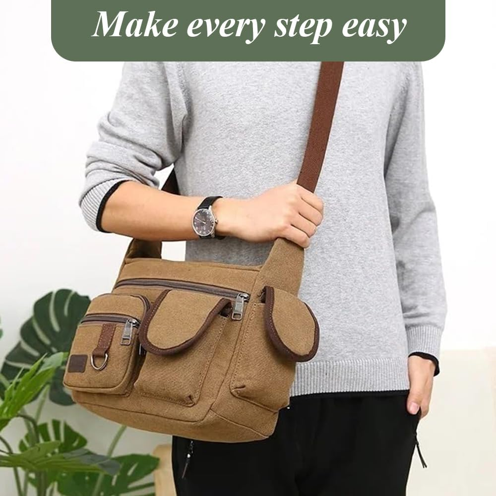 Canvas Crossbody Bag with Water Bottle Holders, Multi Pocket Messenger Bag, Vintage Laptop Bag, Briefcase for Men and Women Khaki (30 * 23 * 12 CM) image number 5