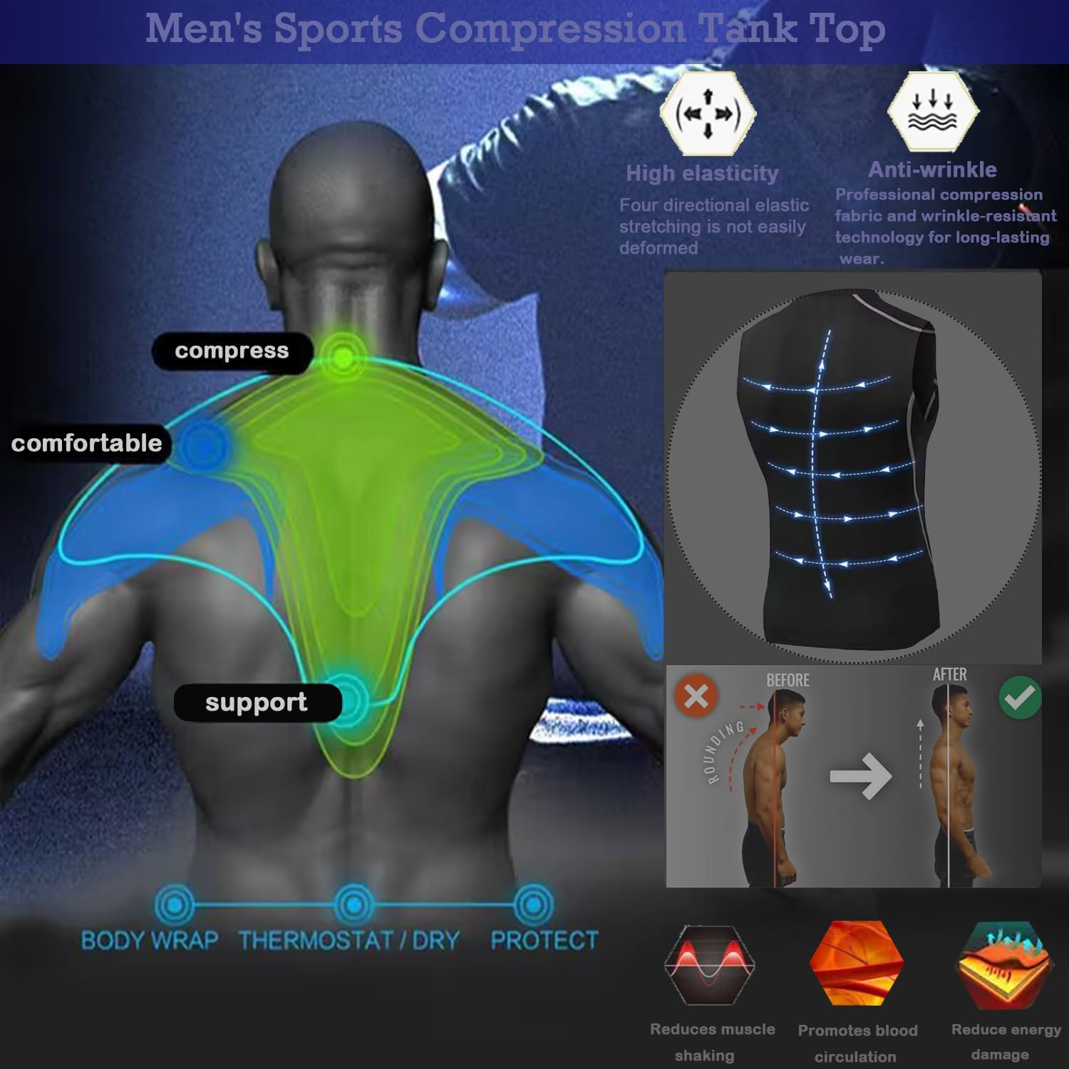 Men'S Tank Top Compression Shirts Athletic Workout Sleeveless Shirts Fit Slimming Body Shaper Vests Shapewear image number 4