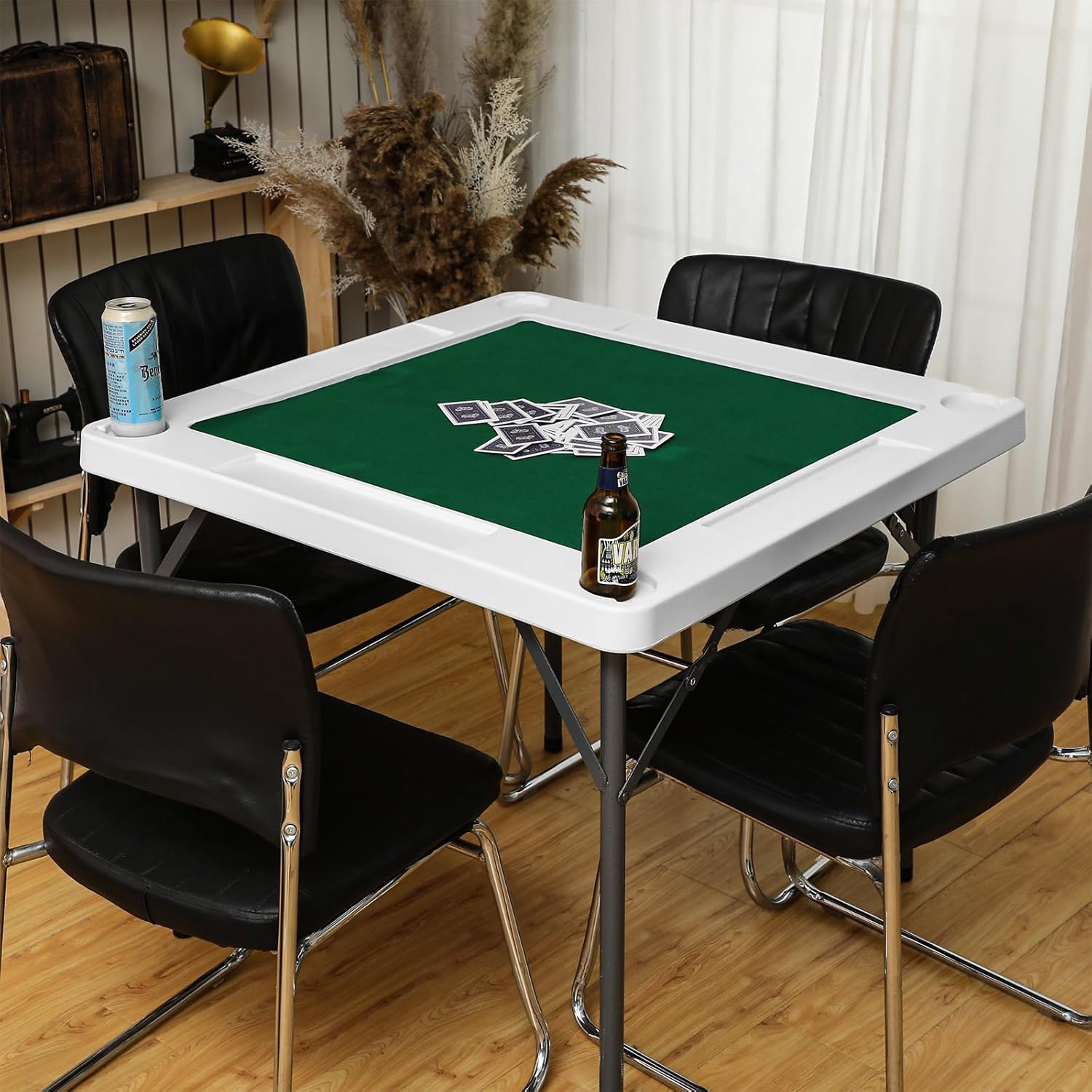 Folding Mahjong Game Table, 88Cm Foldable Mahjong Table Plastic and Metal Folding Square Table with Green Playing Surface and 4 Cup Holders for Mahjong Poker Domino Adults Games image number 4