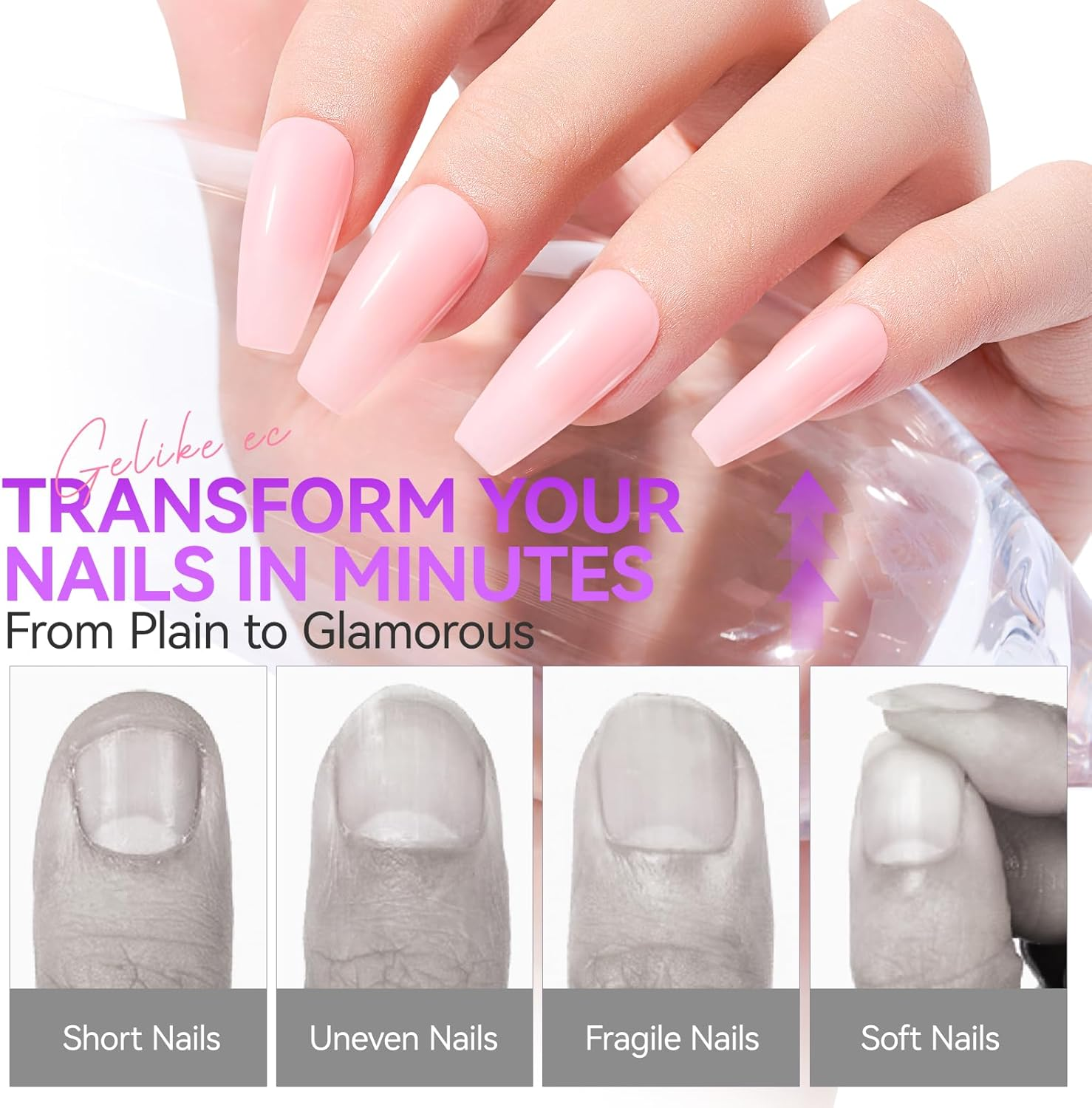 Gelike EC Soft Nail Tips and Glue Kit Uprage Version with Nail Glue, 240 Pieces Medium Almond and Medium Ballet Nail Tips, Nail Clippers, Nail File image number 4