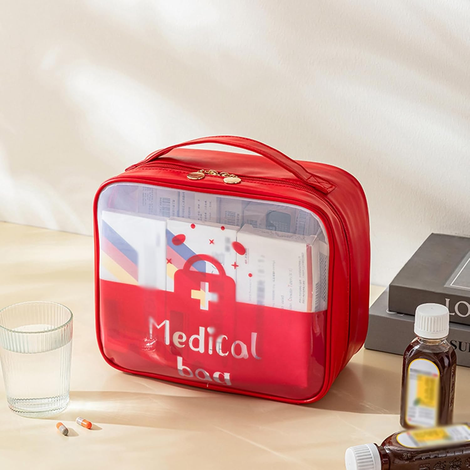 2Pcs First Aid Kit Pill Manager Travel Bag Medicine Storage Organizer Portable Large Medicine Pouch Medicine Organizer Bag for Home Camping Traveling (Red)