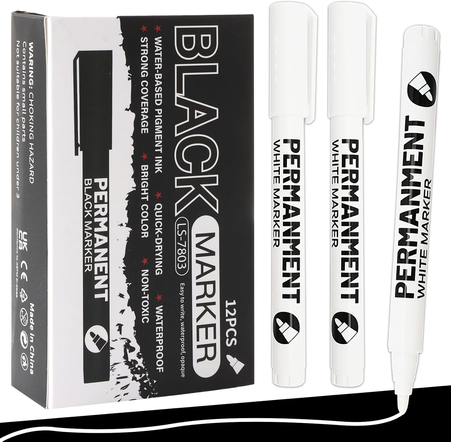 12 Pcs White Permanent Marker Pen, Acrylic Gel Painting Pen for Glass Stone Rock Ceramic Wood Tire Fabric Metal Carton Mobile Phone Case, Water Based Waterproof Quick-Drying Strong-Coverage Highlight image number 3