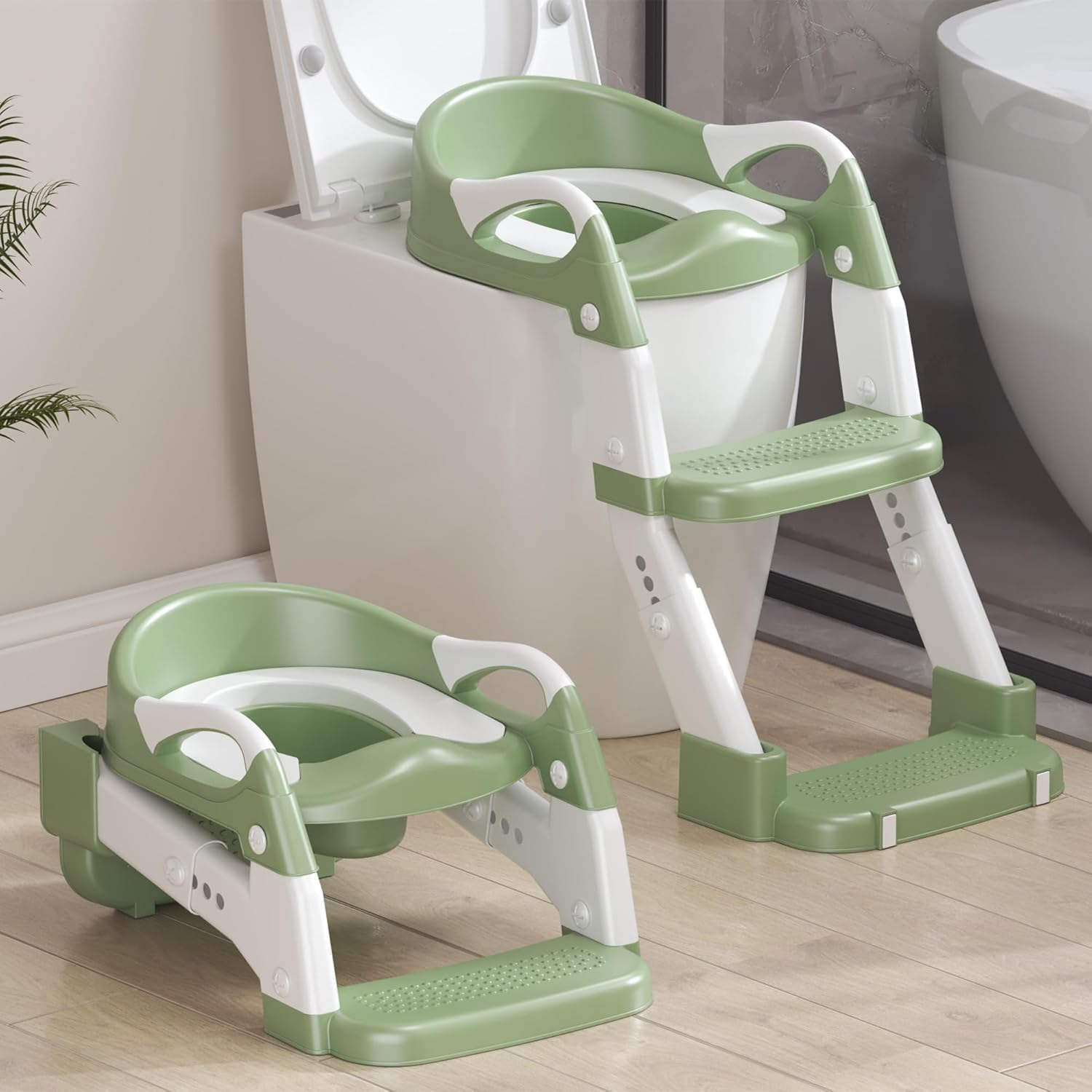 Uandhome Potty Training Seat,3-In-1 Toddler Potty Training Toilet Seat with Foldable Ladder for Kids Boys Girls, Adjustable Height Potty Chair with Anti-Slip Steps Safety Handles Soft Cushion(Green) image number 2
