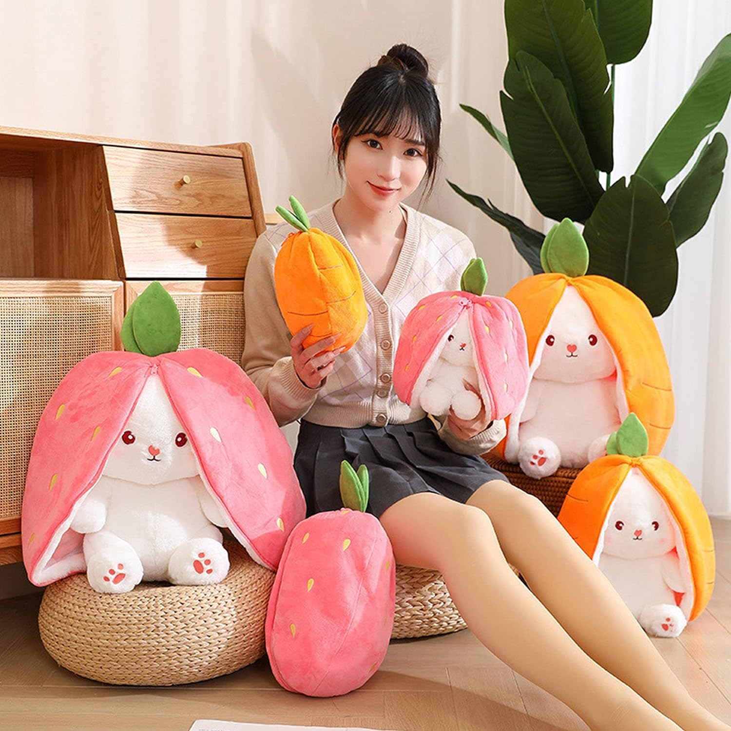 Easter Bunny Stuffed Animal Rabbit Plushie Funny Hide and Seek Bunny Carrot Strawberry Plush Floppy Ear Rabbits with Zipper Cute Bunnies Toy Decor, 7.1Inch image number 4