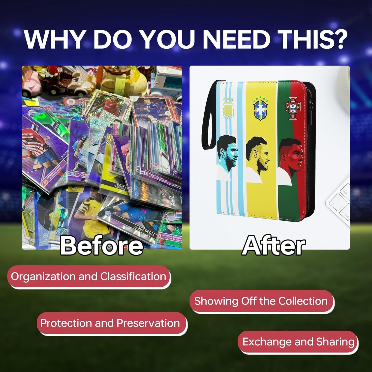 Soccer Card Binder, 4 Pocket Sports Trading Card Collection Binder, Soccer Card Holder with Zipper Carrying Handle and 50 Removable Sleeves for 400 Cards, Waterproof 3-Ring Card Album Folder image number 5