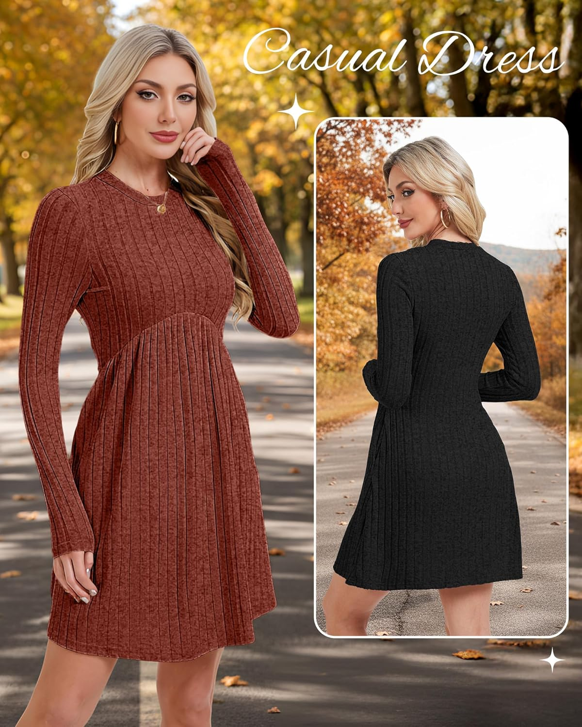 2 Pack Women Maternity Knit Sweater Dress Long Sleeve Casual Pregnancy Midi Dress Crew Neck Pleated Empire Waist image number 6