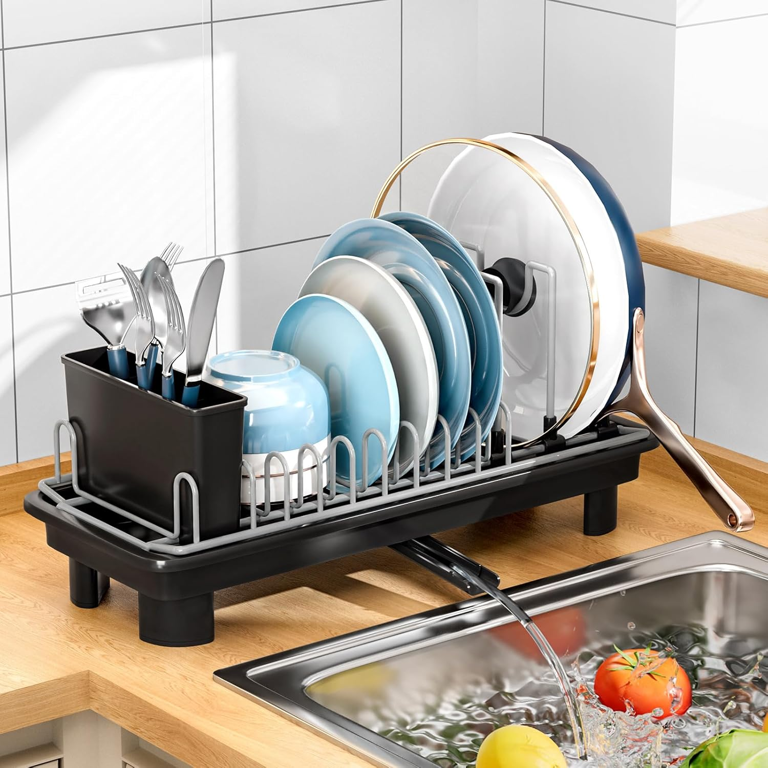 Sandream Small Dish Drying Rack, Compact Dish Rack for Kitchen Counter with Removable Cutlery Holder, 360&deg;Rotating Spout, Multifunctional Stainless Steel Dish Drainer, Space Saving