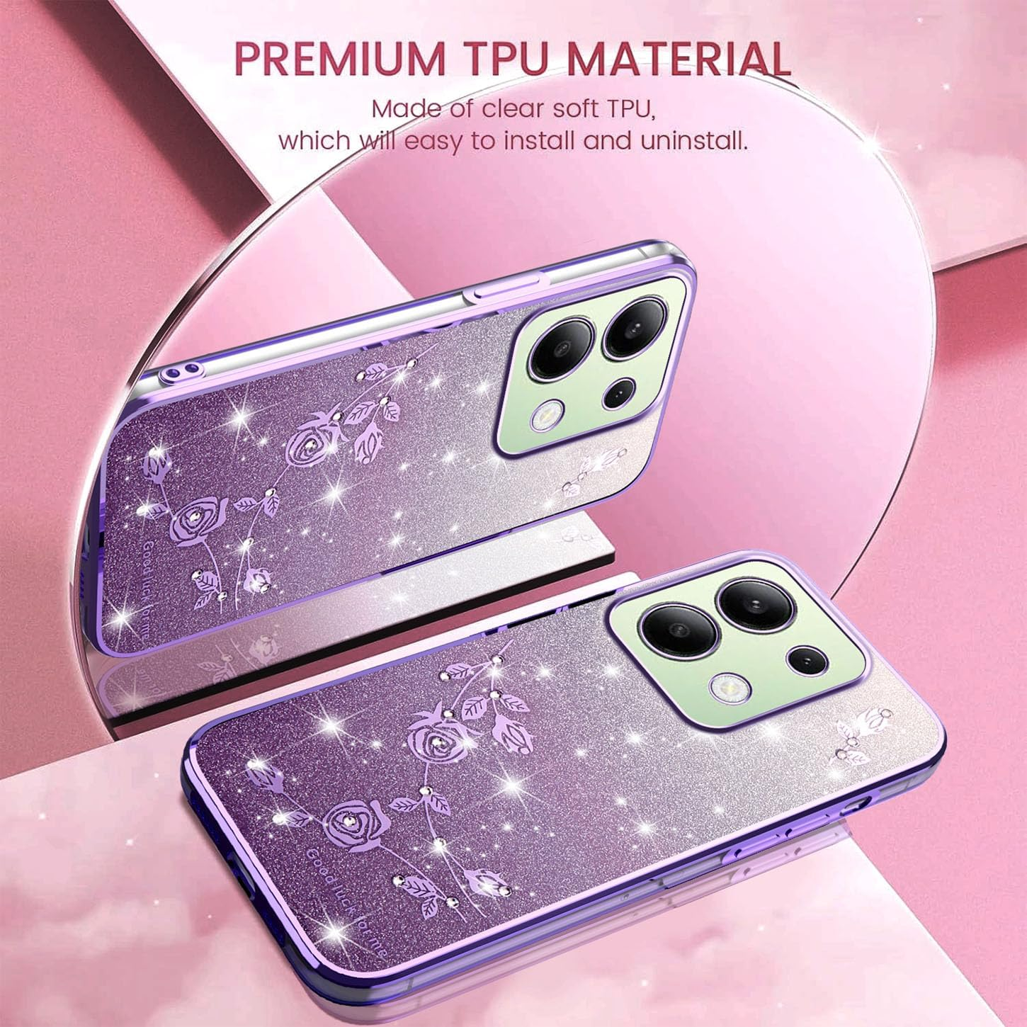 ILING Girls Case for Xiaomi Redmi Note 13 4G, Bling Gradient Color Back + Elegant Rose Pattern + Glitter Rhinestones Inlaid, Ultra Thin Soft Silicone TPU Shockproof Cover (Purple) - Pink image number 6