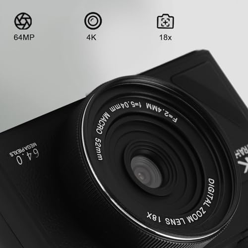 4K Digital Camera, 18X Zoom Retro Video Camera Camcorder Autofocus with 3 Inch Flip Screen, Portable 64MP Travel Camera for Photography Vlogging (Black) - New White image number 6