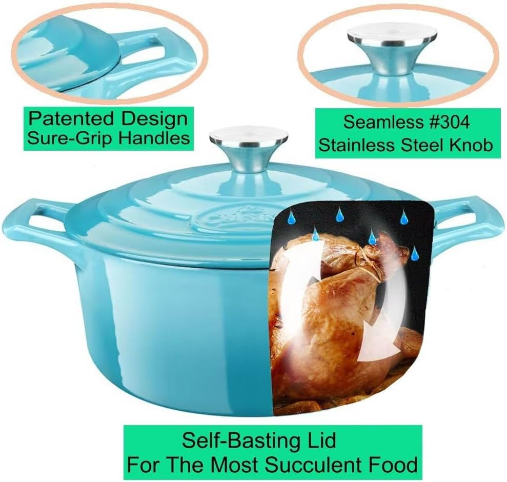 La Cuisine 26Cm Enameled Cast Iron Covered Dutch Oven, Casserole, Pot, French Oven, 5-Quart (QT) - Matte Black Enamel Coating Finish Interior, Teal Porcelain Enamel Exterior Oven Safe image number 3