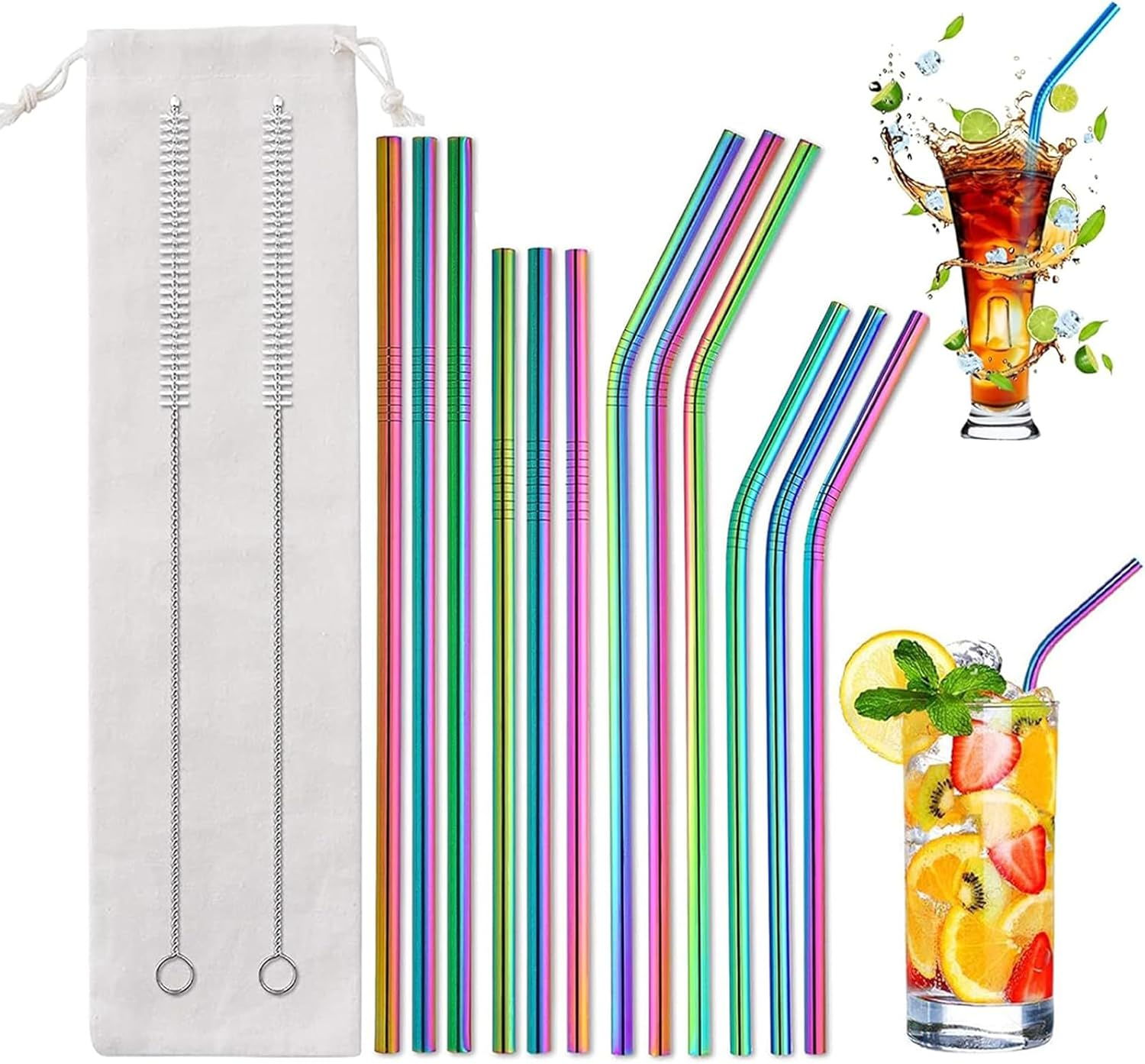 12-Pack Reusable Stainless Steel Metal Straws with Case - Long Drinking Straws for 30 Oz and 20 Oz Tumblers Yeti Dishwasher Safe - 2 Cleaning Brushes Included
