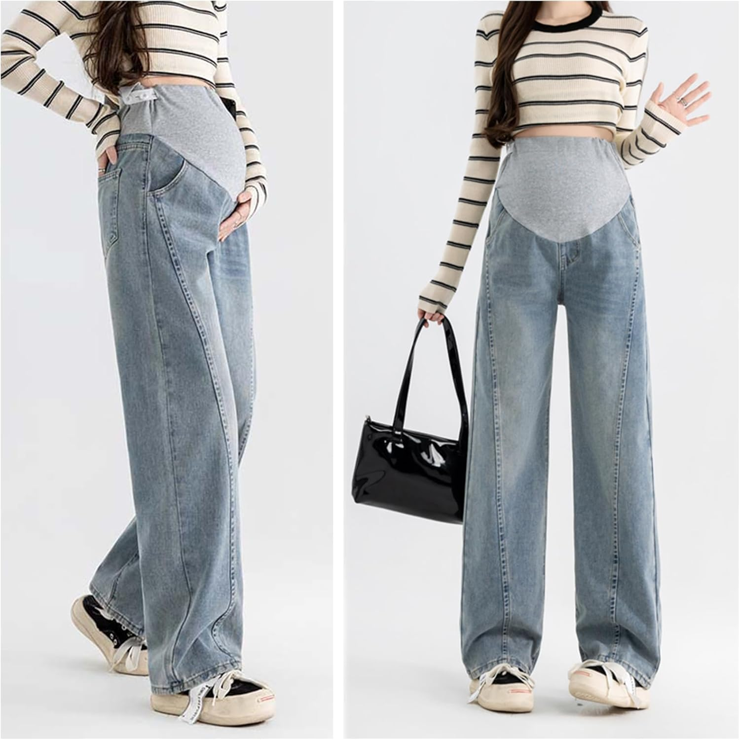 Pregnancy Jeans before & after Birth: Slim Wide Leg, Loose Fit, Soft Denim with Adjustable Strap - for Women under 170 Cm, with Practical Pockets image number 2