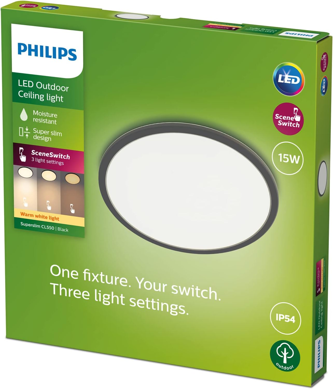 Philips LED Superslim Outdoor Ceiling Light 15W [Warm White - Black] Water Resistant IP54, for Garden, Patio and Terrace Lighting. image number 5