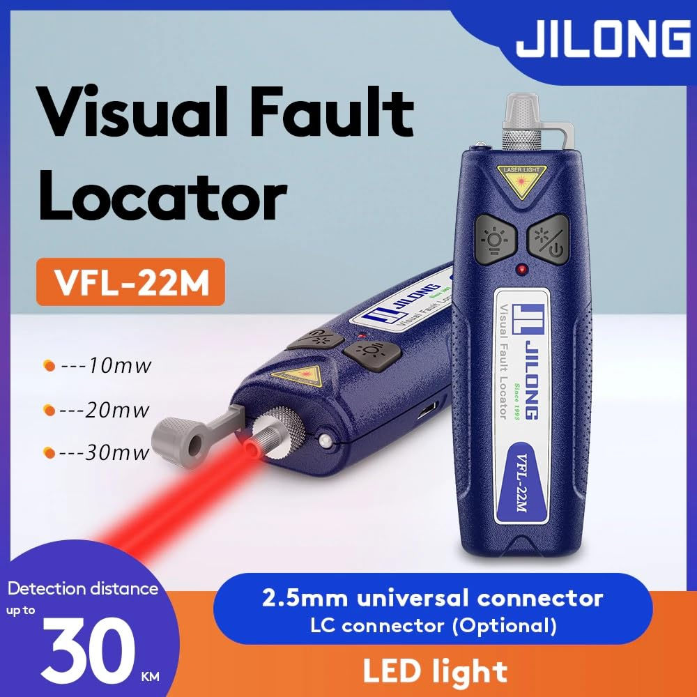 30 KM JILONG VFL-22M Mini Pocket Visual Fault Locator, Fiber Optic Cable Tester Vfl10Mw 20Mw 30Mw,Led Light (VFL-22M-G-30)