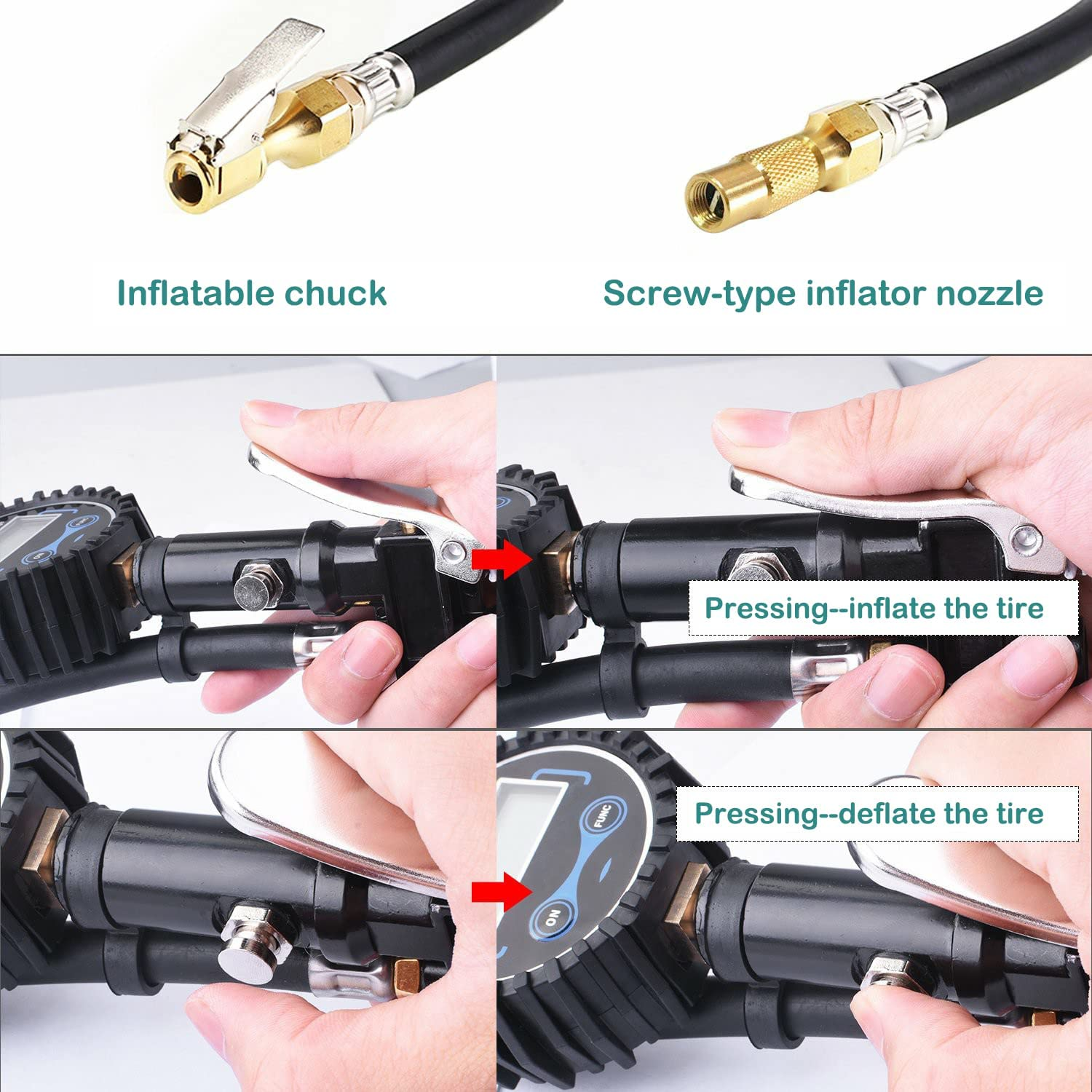 KEWAYO Digital Tire Inflator with Pressure Gauge, 200 PSI Heavy Duty Air Pressure Gauge with Rubber Hose Quick Connect Coupler and Compressor Accessories, for Car Truck Bicycle Motorcycle