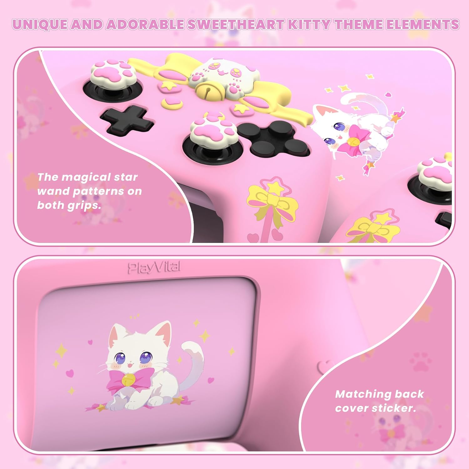 Playvital Sweetheart Kitty Silicone Skin Compatible with Nintendo Switch Pro Controller Kawaii Anti-Slip Cover, Switch Pro Controller Joystick Grips & Protective Silicone Case - Pink image number 2