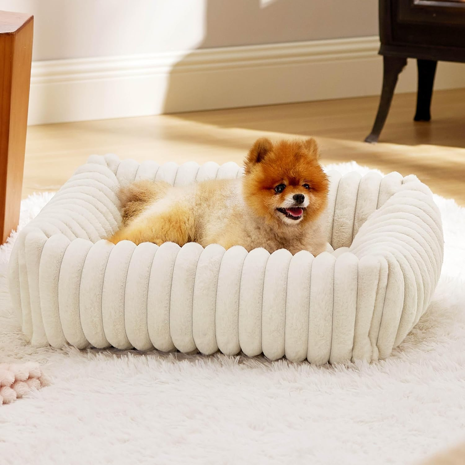Pet Couch Bed for Small Medium Dogs, Cats - Washable Furry Puppy Beds, Rectangle Orthopedic Corduroy Fleece Pet Beds with Removable Zipper Cover (White, 63 X 53 X18 CM) image number 4