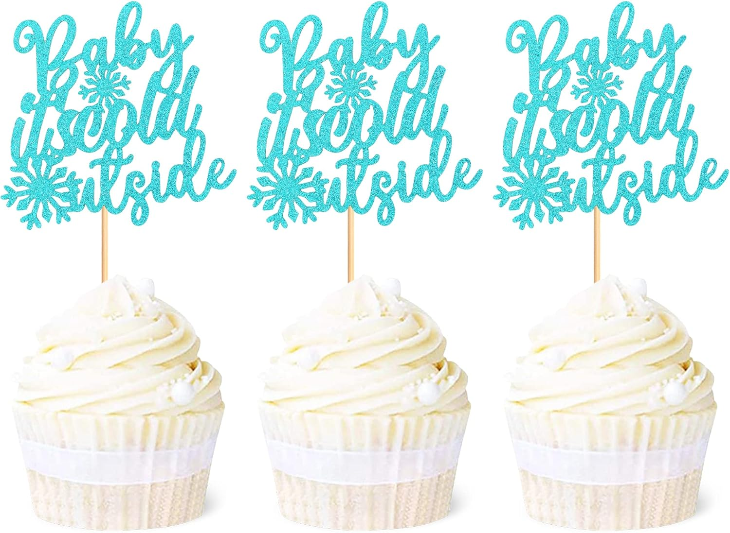 24Pcs Snowflake Baby It'S Cold outside Cupcake Toppers Glitter Blue Baby It'S Cold outside Cupcake Picks for Winter Baby Wonderland Xmas Baby Shower Party Cake Decor Supplies image number 3