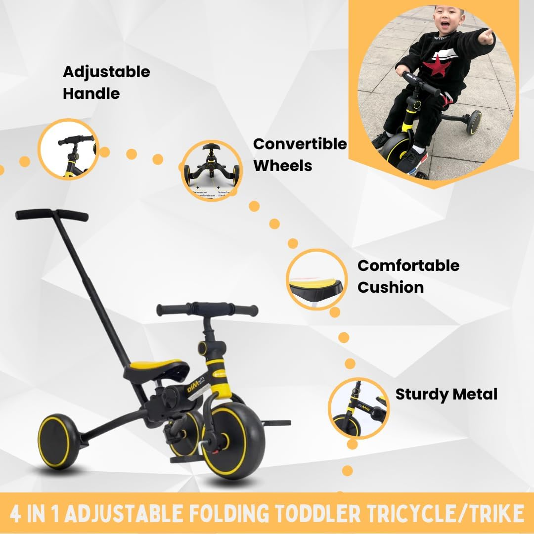 4 in 1 Toddler Bike with Parent Push Handle Balance Bike for 1 Year to 4 Years Old Kids| Toddler Tricycle | Gift & Toys for Boy & Girl, Lightweight, Portable & Foldable Push Bike, Removable Pedals