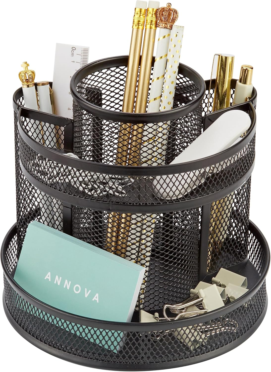 Annova Mesh Desk Organizer Rotate with 6 Compartments round Spinning Tidy Candy/Pen Holder Desk Accessories Office, Art Supply, Storage, Classroom, Home