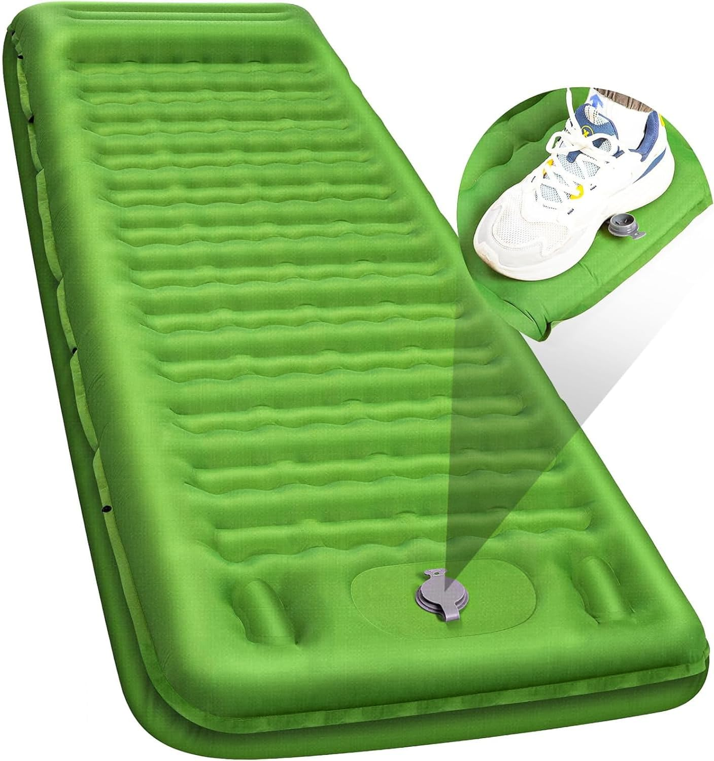 Extra Thick 5" Inflatable Camp Mat with Integrated Pillow & Foot Pump | Portable Airbed for Outdoor Adventures | Compact Travel Sleep System (Green) image number 6