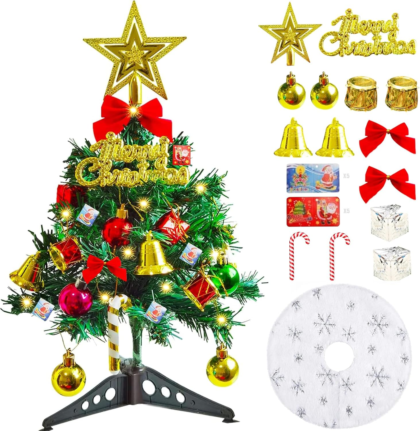 Mini Christmas Tree, 23.6Inch Artificial Tabletop Christmas Tree Ball Ornaments Led String Light for Home Office Shop Desktop Xmas Party Decoration image number 5