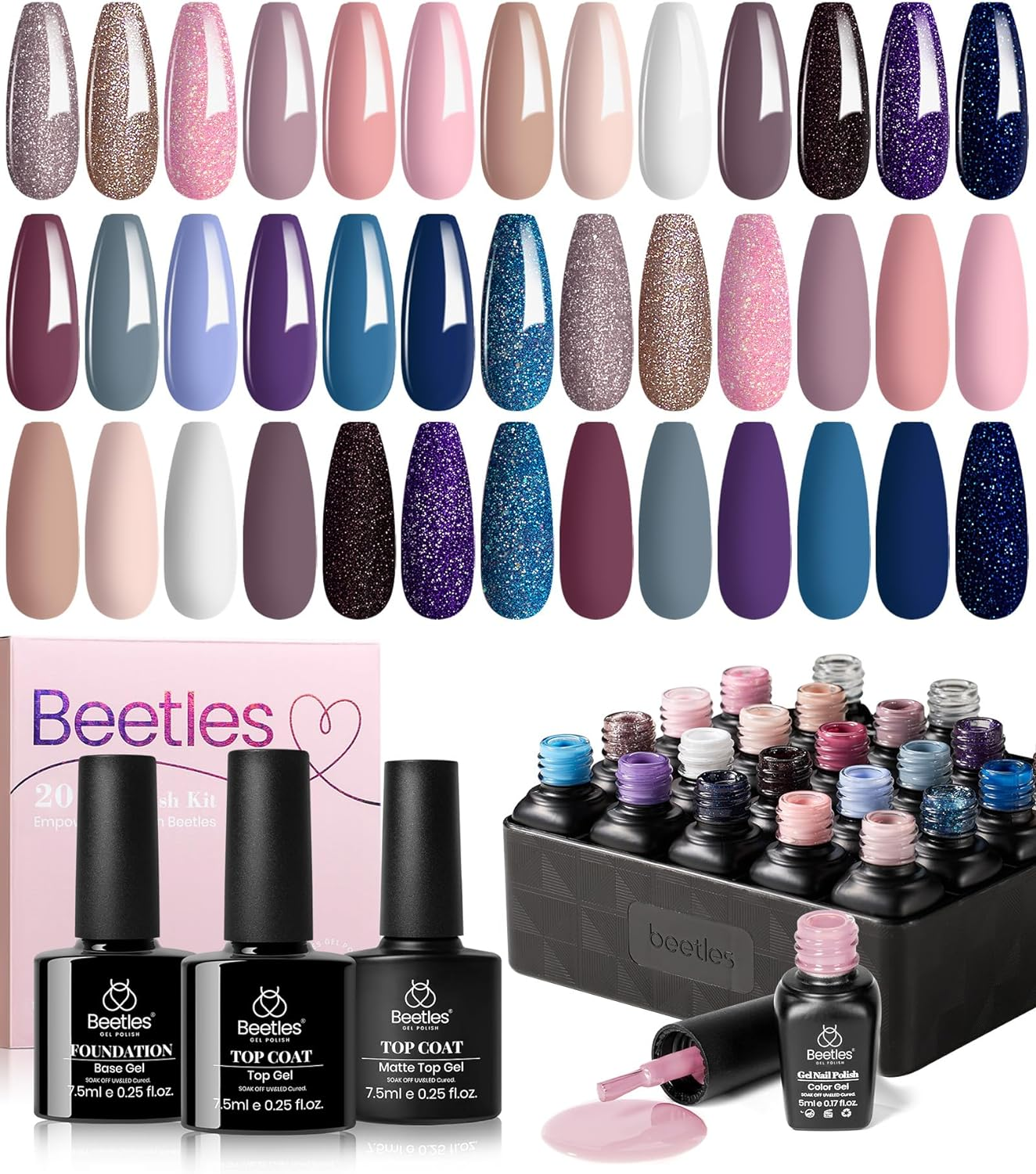 Beetles Gel Polish Nail Set 20 Colors Elegant Allure Collection Pink Purple Navy Blue Glitter Gel with 3 Pcs Base Matte and Glossy Top Coat Led Soak off Trendy All Season Manicure Kit for Women image number 3