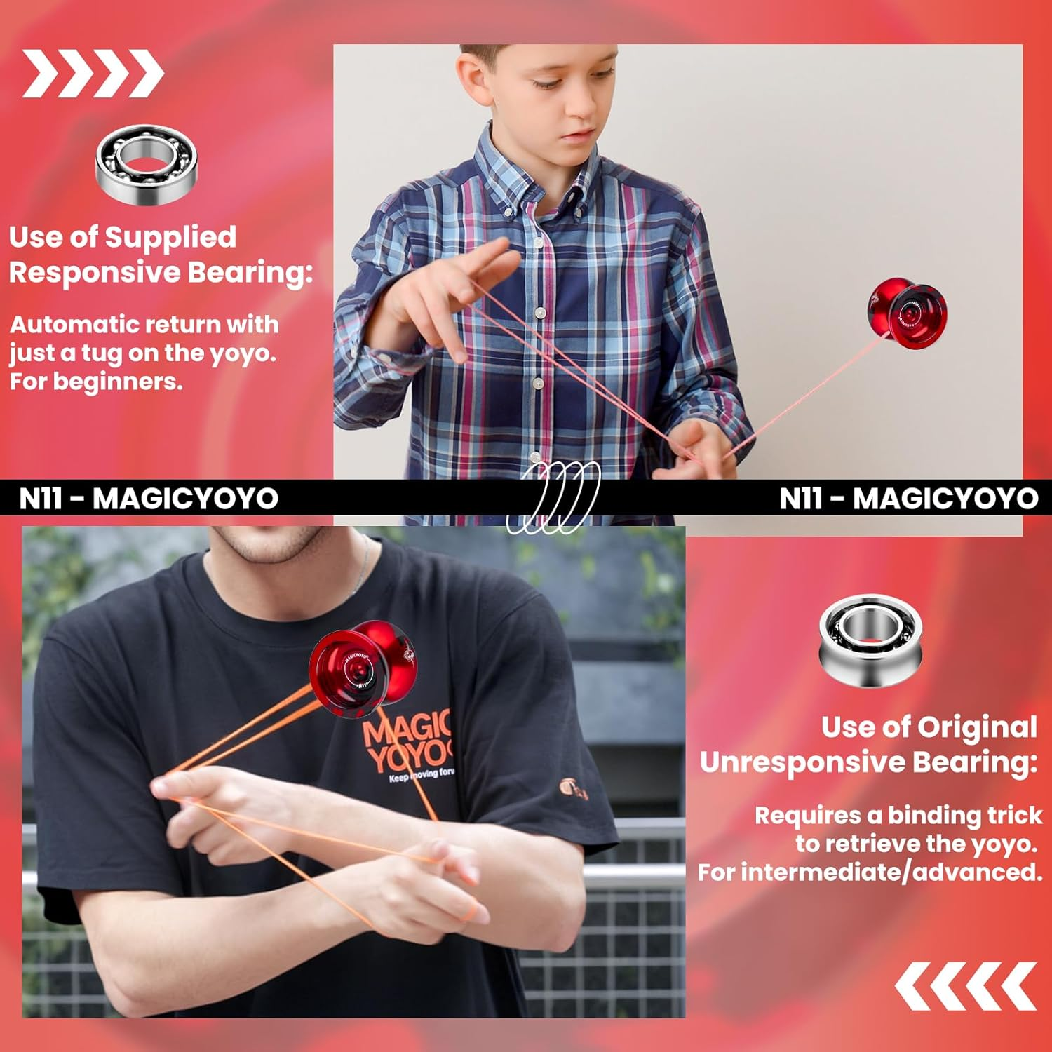 MAGICYOYO N11 Professional Unresponsive Yoyo & Responsive Yo Yo for Kids 8-12 or above Alloy Aluminum Yo-Yo with Yoyo Bag, 1 Glove, 12Strings and Responsive Bearing Kit (Black Red) image number 6