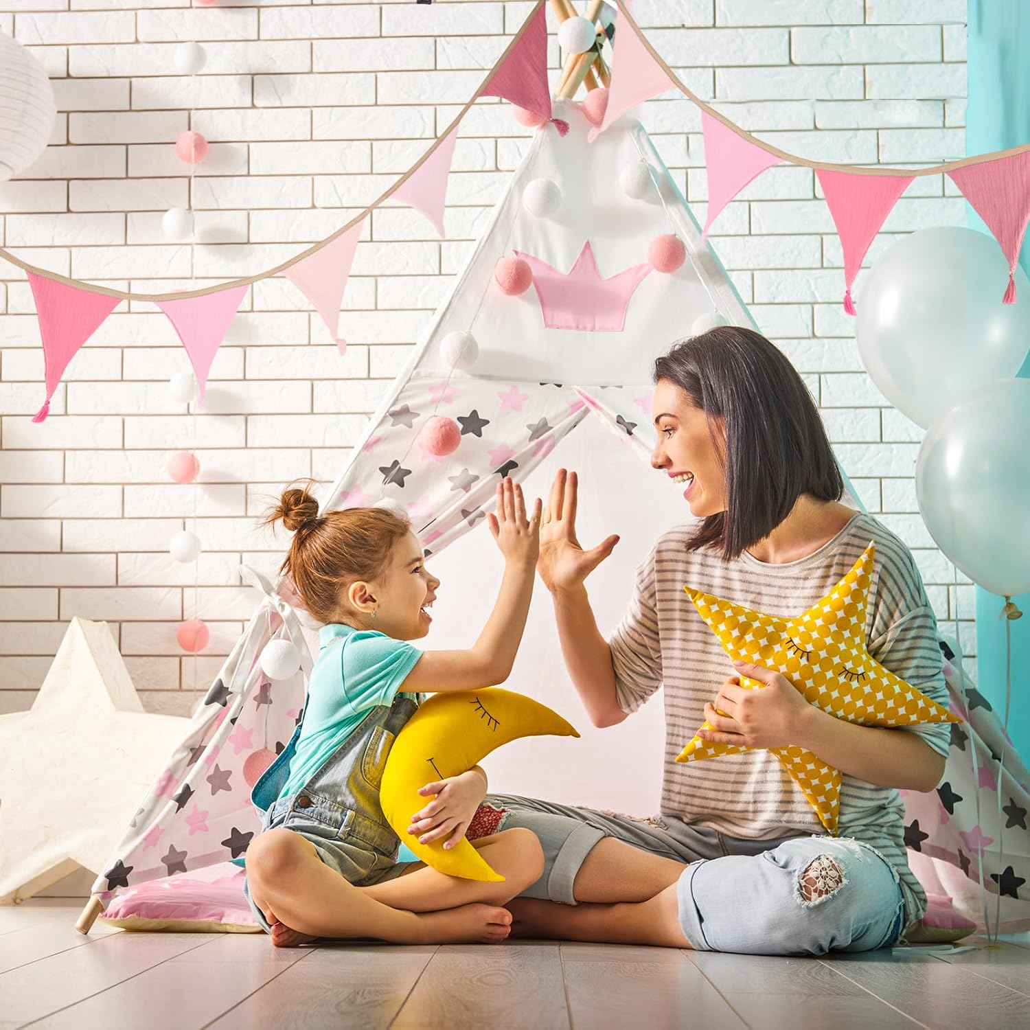 Children'S Room Bunting, Pink, 2.6 M Fabric Bunting Muslin with Tassels, Reusable Garland for Birthdays, Home, Camping image number 5