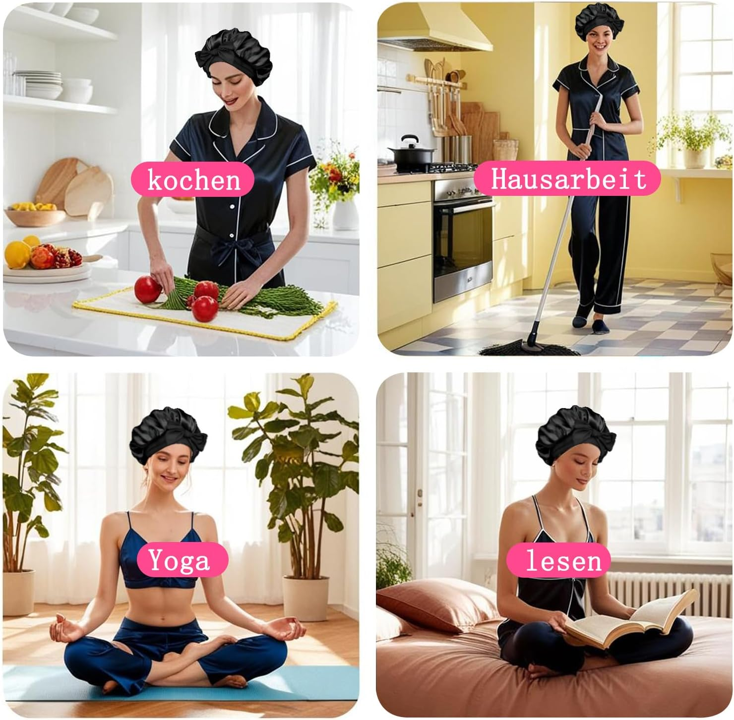 FOLAI Sleep Cap, Satin Bonnet, Silk Hood for Sleeping, Night Sleep Hat, Adjustable Sleep Cap, Headgear, Soft Headband, Sleep Cap, Silk with Elastic Band for Women and Girls (Black), Black, 58