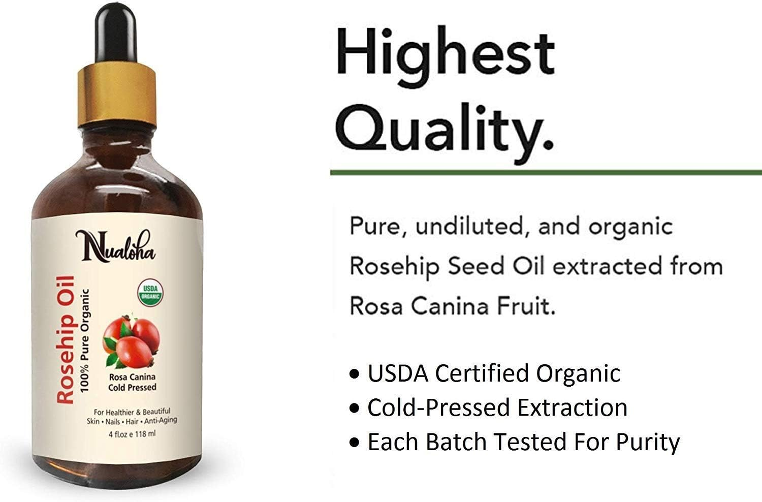 Nualoha Organic Rosehip Seed Oil, 118 ML, USDA 100% Pure Cold Pressed Natural Moisturizer Oil for Face Nails Hair Skin Women and Men image number 3